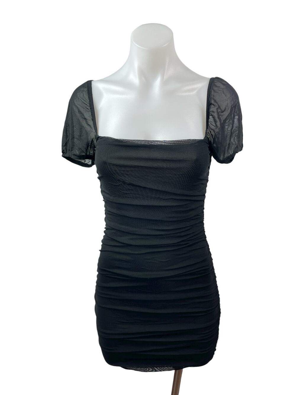 Princess Polly Black Short Puff Sleeve Mesh Square Neck Ruched Bodycon Dress S